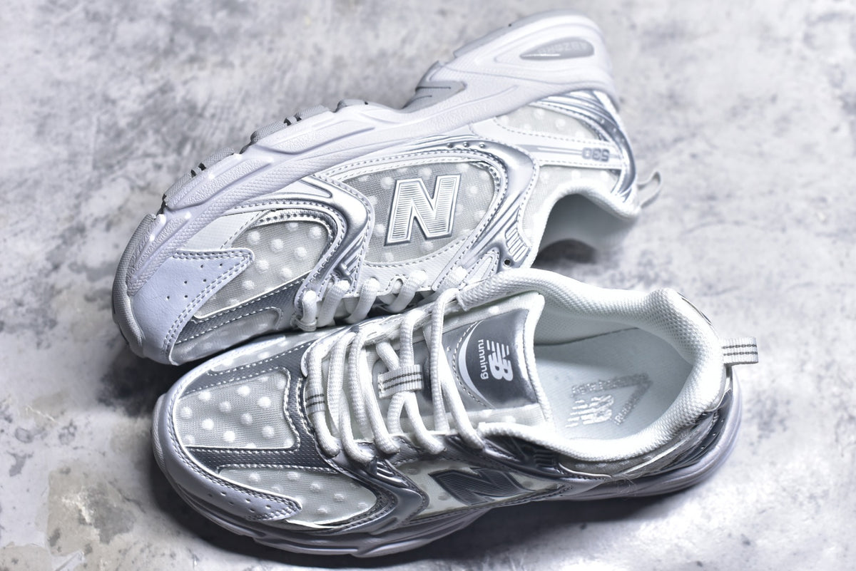 New Balance 530 Silver White Polka Dot Mesh Retro Dad Sneaker – Unisex | Style No. MR530HFW